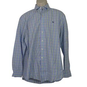Vineyard Vines Whale Shirt Blue Yellow Plaid Men Size L Long Sleeve Logo